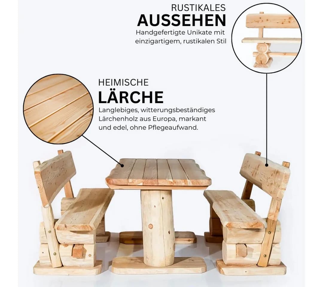 Mega-Holz Garten-Essgruppe Massive rustikale Sitzgarnitur aus heimischer Lärche