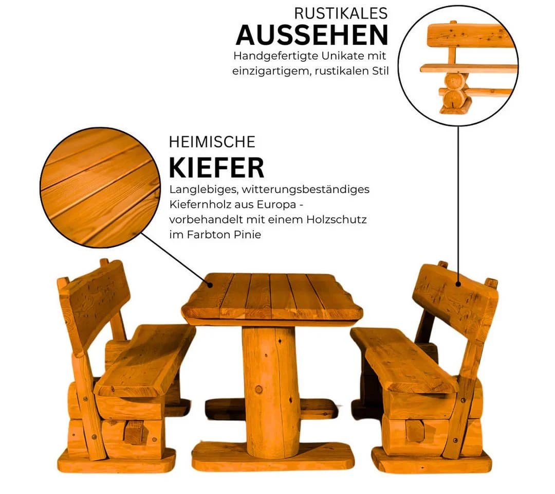 Mega-Holz Garten-Essgruppe Rustikal Kiefer 1 Tisch 2 Bänke