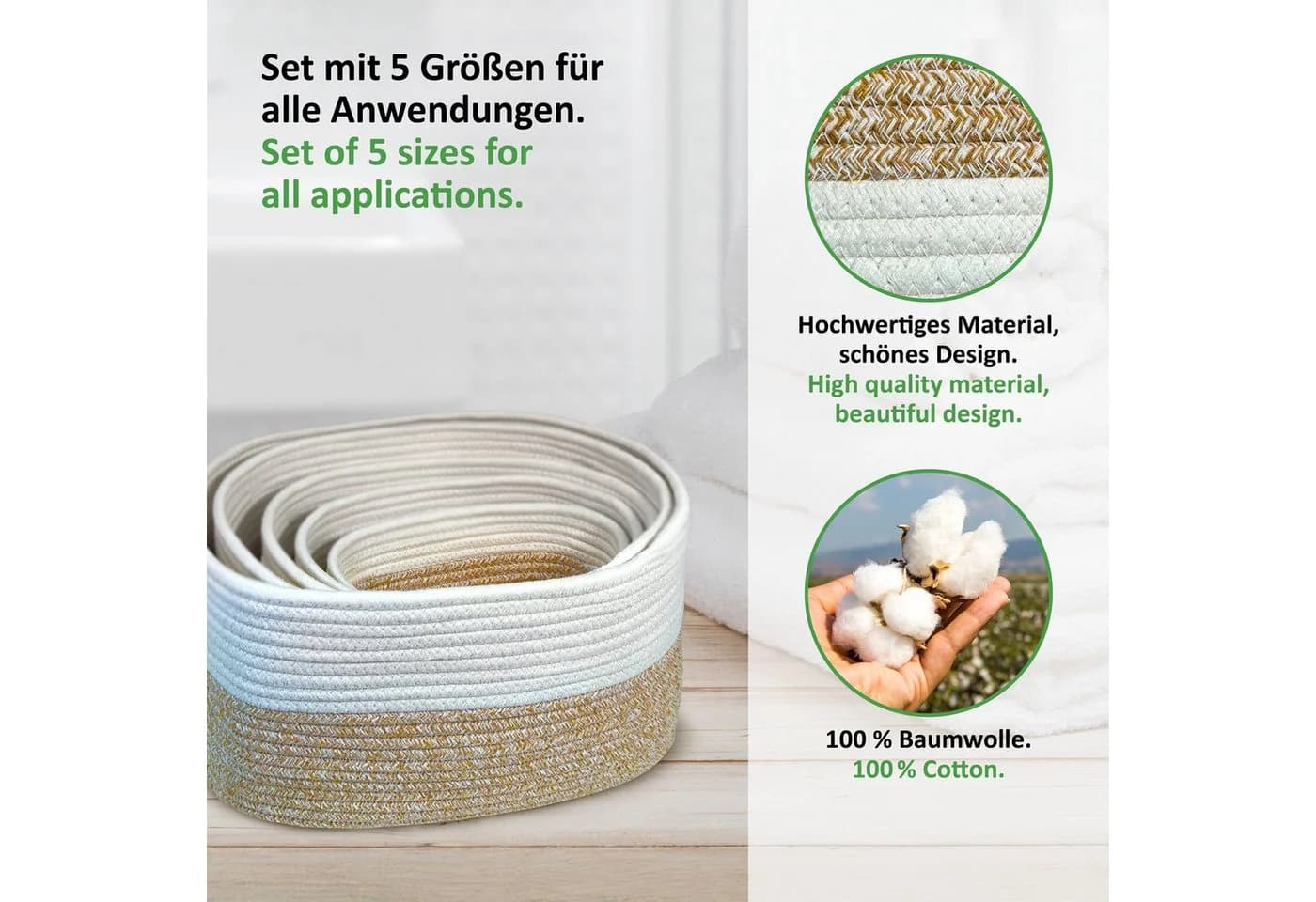 WIESEN.design Aufbewahrungskorb XXXL Set MIRA 50L Baumwolle Braun/Weiß - Bild 3
