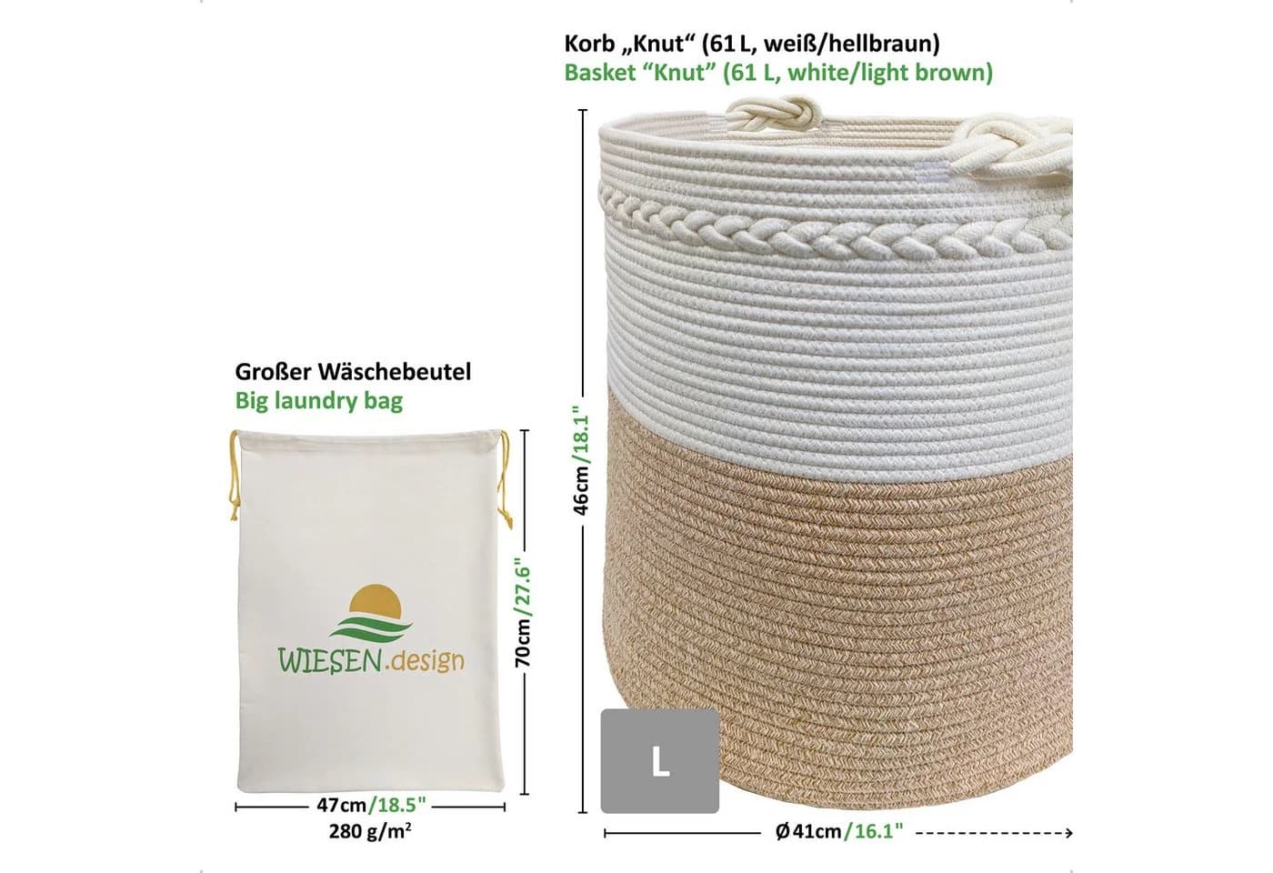 WIESEN.design Wäschekorb KNUT Beige Geflochten Baumwolle Faltbar - Bild 3