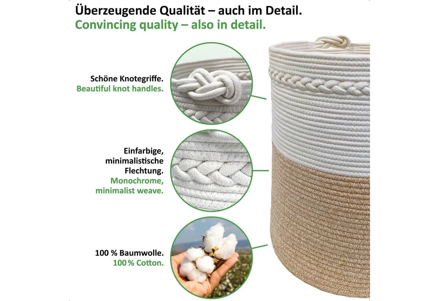 WIESEN.design Wäschekorb KNUT Beige Geflochten Baumwolle Faltbar - Bild 5
