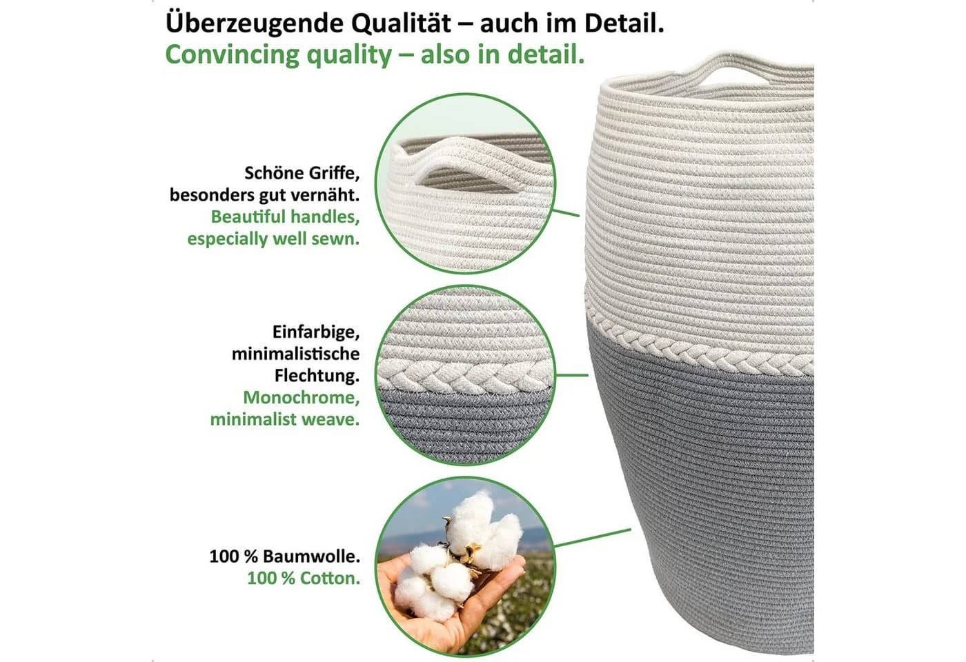 WIESEN.design Wäschekorb Jamila Grau/Weiß 105L Baumwolle geflochten - Bild 3