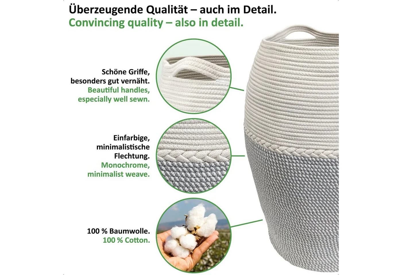 WIESEN.design Wäschekorb Jamila Grau/Weiß 105L Baumwolle - Bild 3