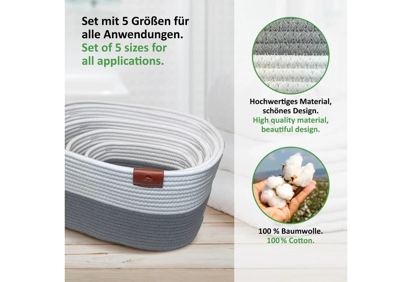 WIESEN.design Aufbewahrungskorb XXXL MIRA 50L Grau/Weiß Baumwolle - Bild 3