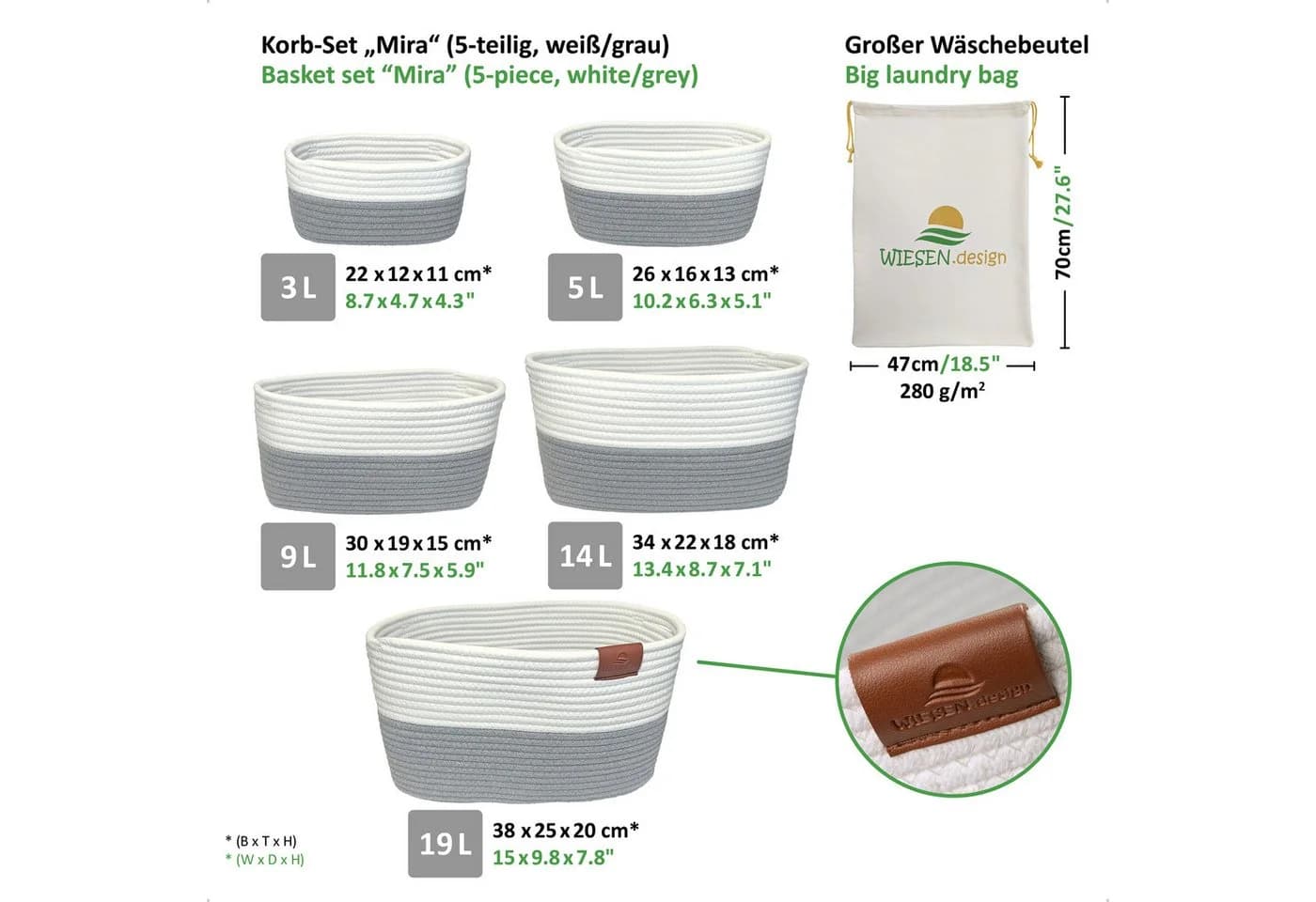 WIESEN.design Aufbewahrungskorb XXXL MIRA 50L Grau/Weiß Baumwolle - Bild 5