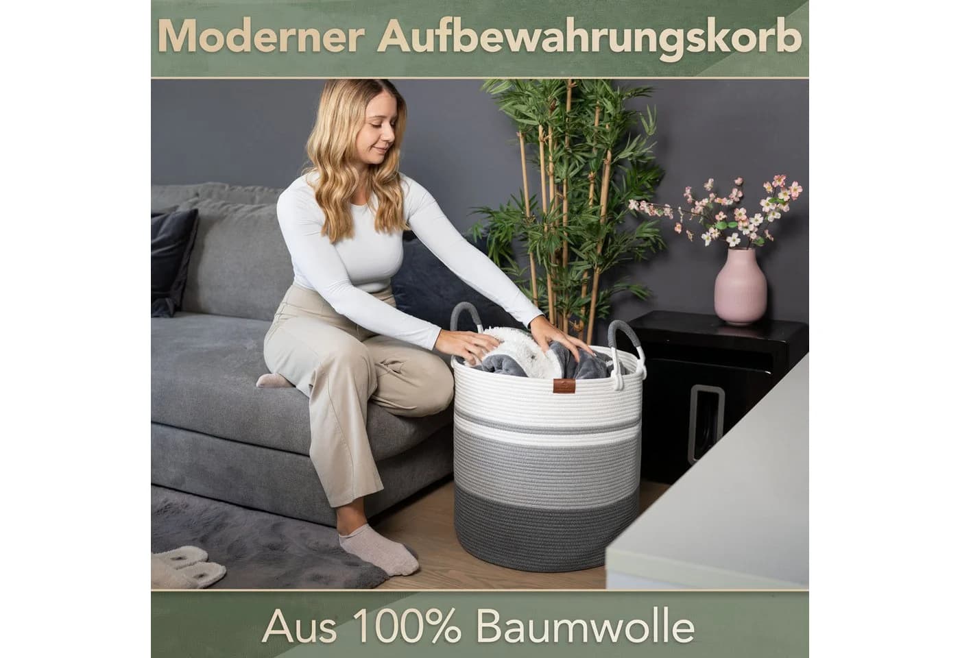 WIESEN.design Wäschekorb EMILIA Grau Geflochten Faltbar 80L