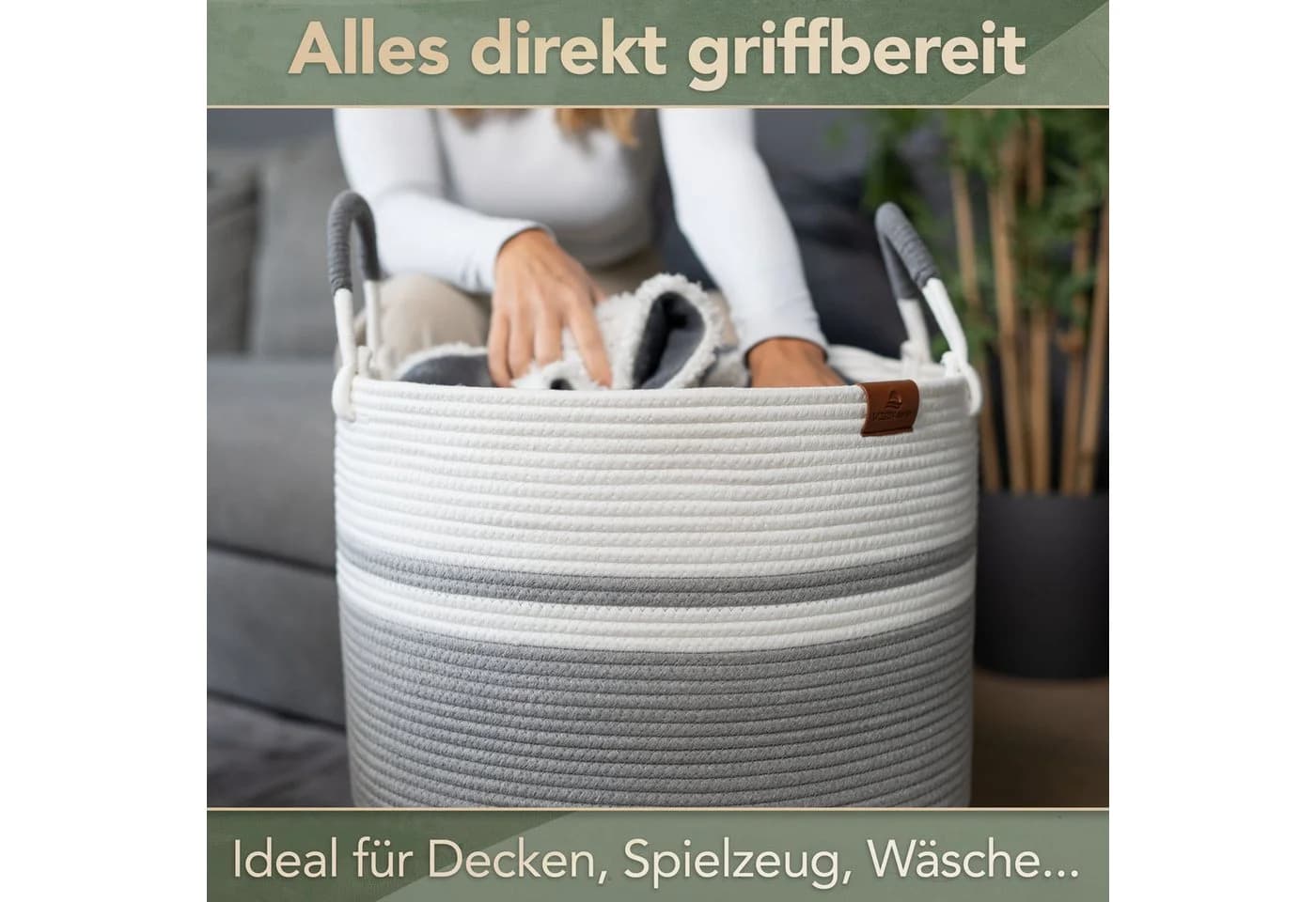 WIESEN.design Wäschekorb EMILIA Grau Geflochten Faltbar 80L - Bild 3