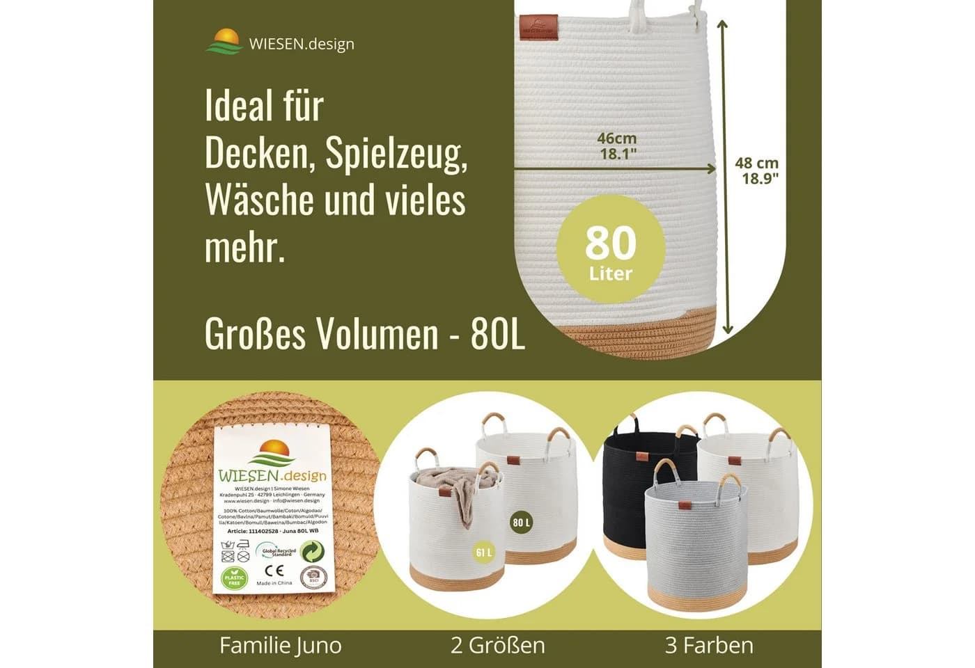 WIESEN.design Wäschekorb 80L Baumwollseil - Bild 3