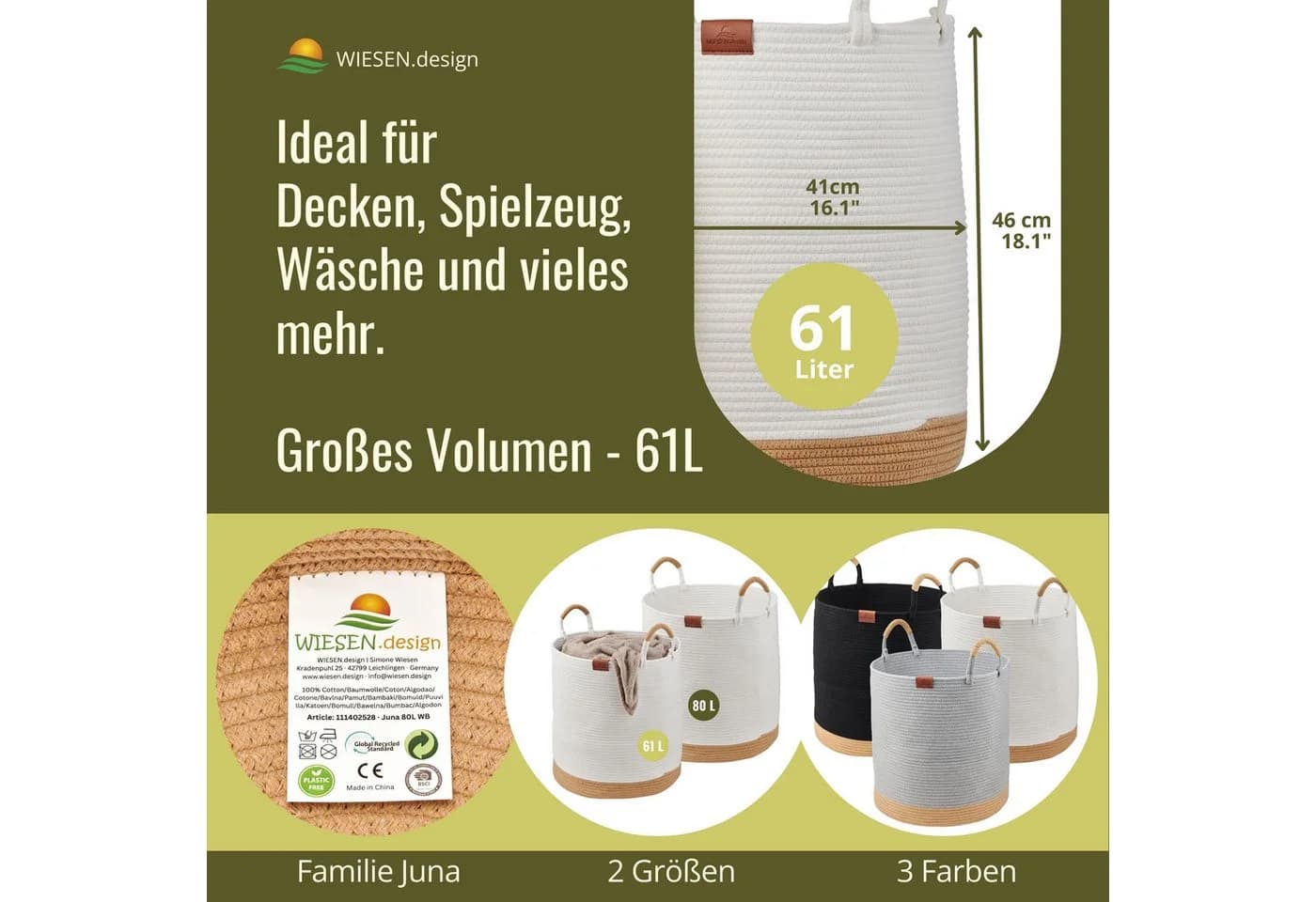 WIESEN.design Wäschekorb 61L Baumwollseil Weiß - Bild 3