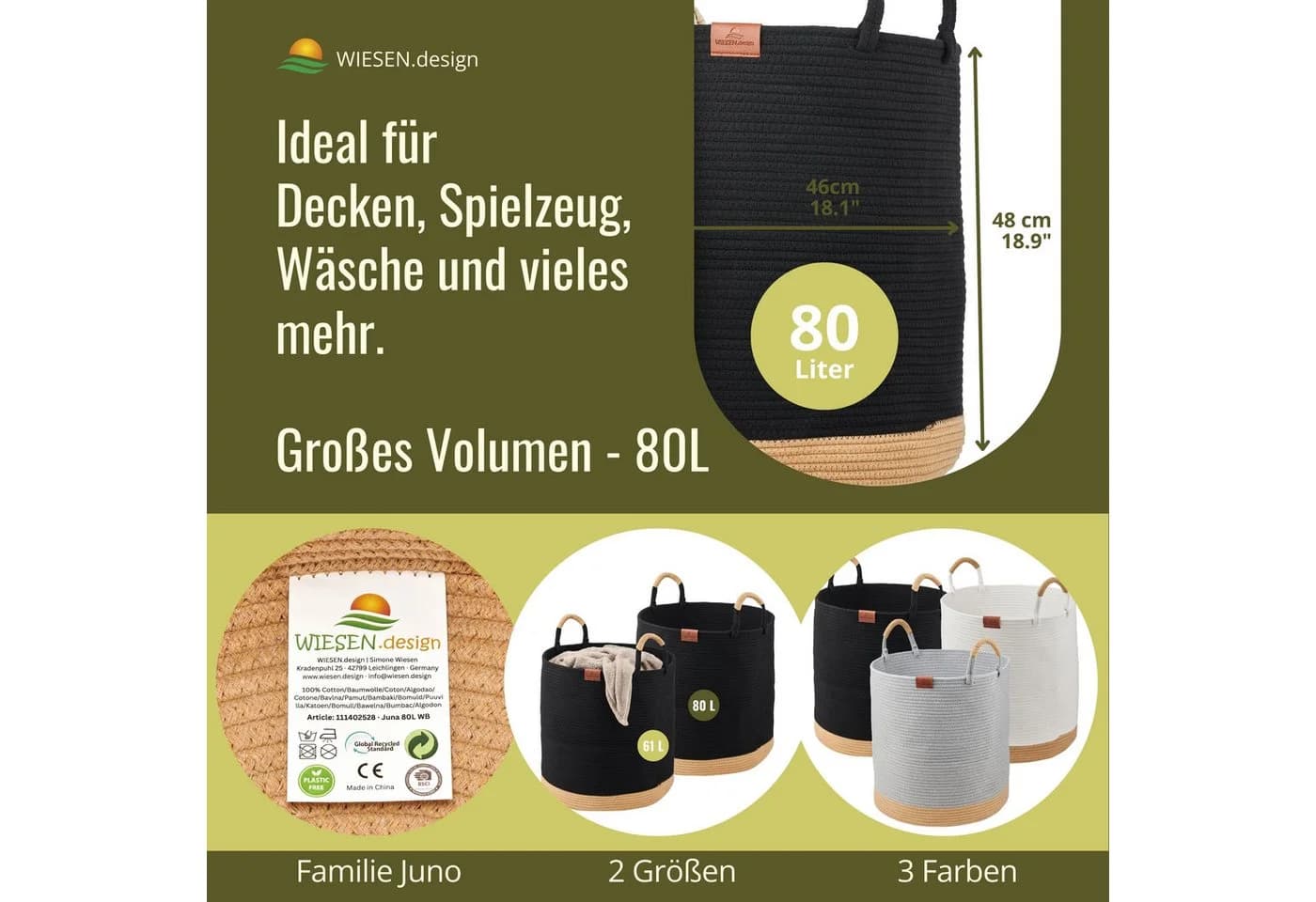 WIESEN.design Wäschekorb 80L Baumwollseil Schwarz - Bild 3