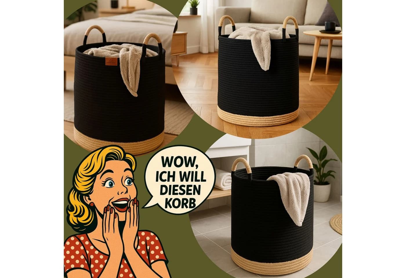 WIESEN.design Wäschekorb 80L Baumwollseil Schwarz - Bild 5