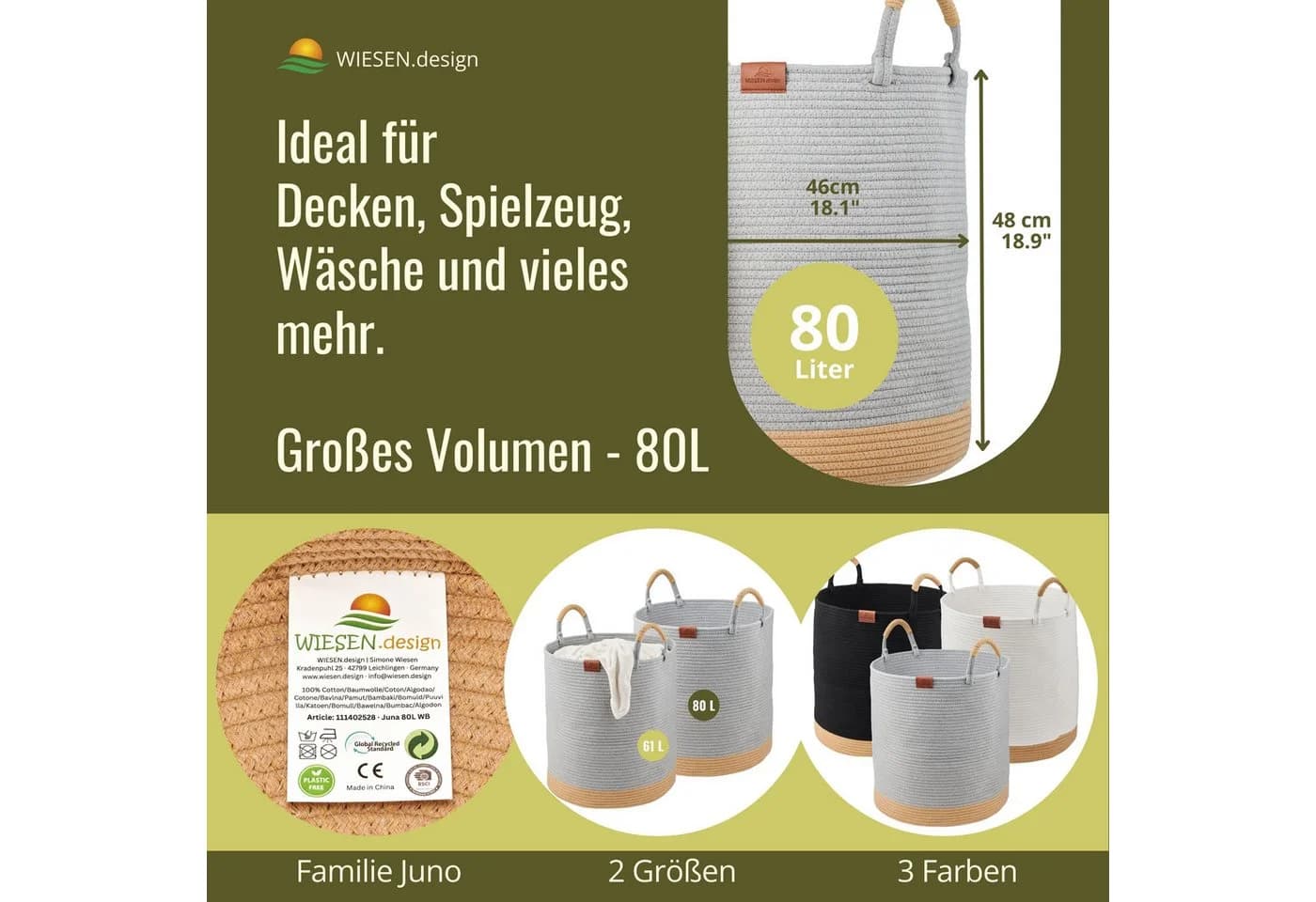 WIESEN.design Wäschekorb Juna 80L Baumwollseil 80L - Bild 3
