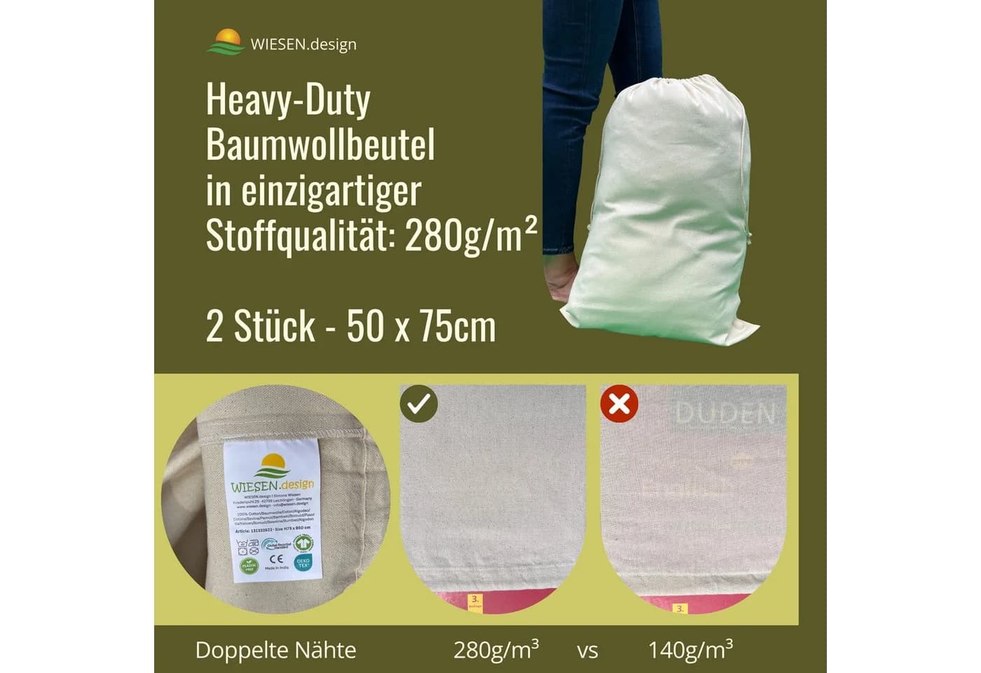 WIESEN.design Wäschesack Baumwolle 280 g/m² OEKO-TEX® zertifiziert - Bild 3