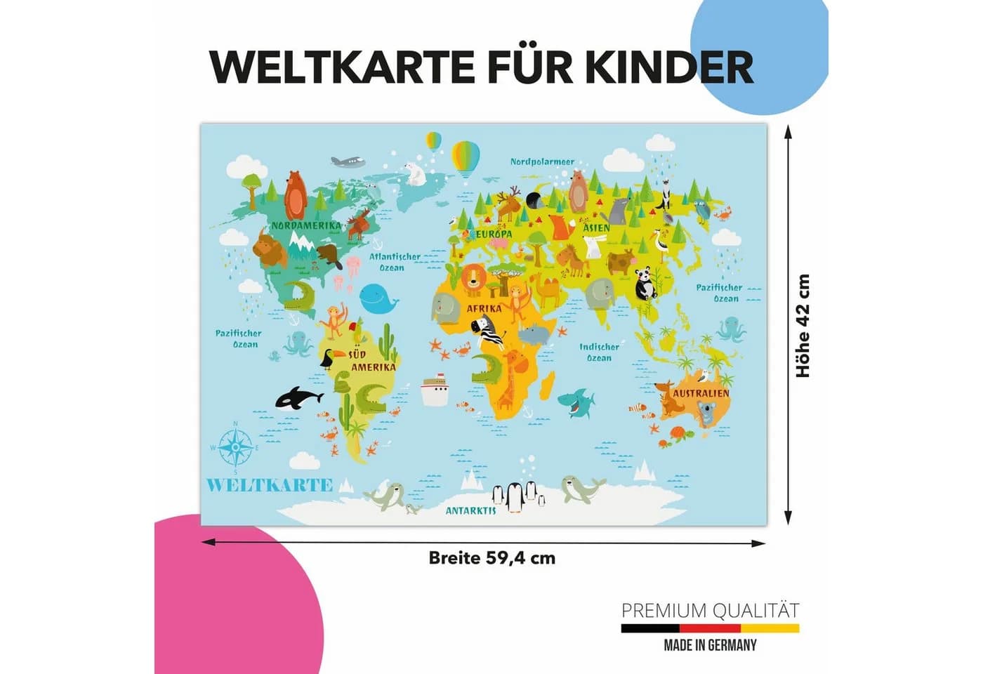 Lineo Poster Weltkarte für Kinder bunt Lernbild