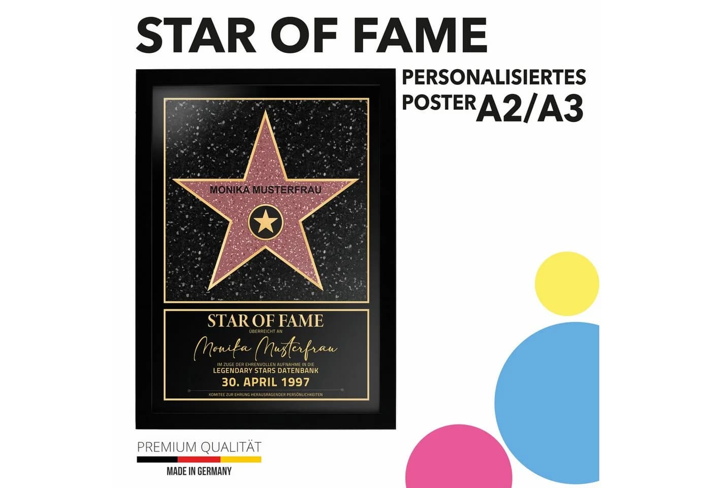 Lineo Personalisiertes Poster Star of Fame Hollywood Stern mit Holzrahmen