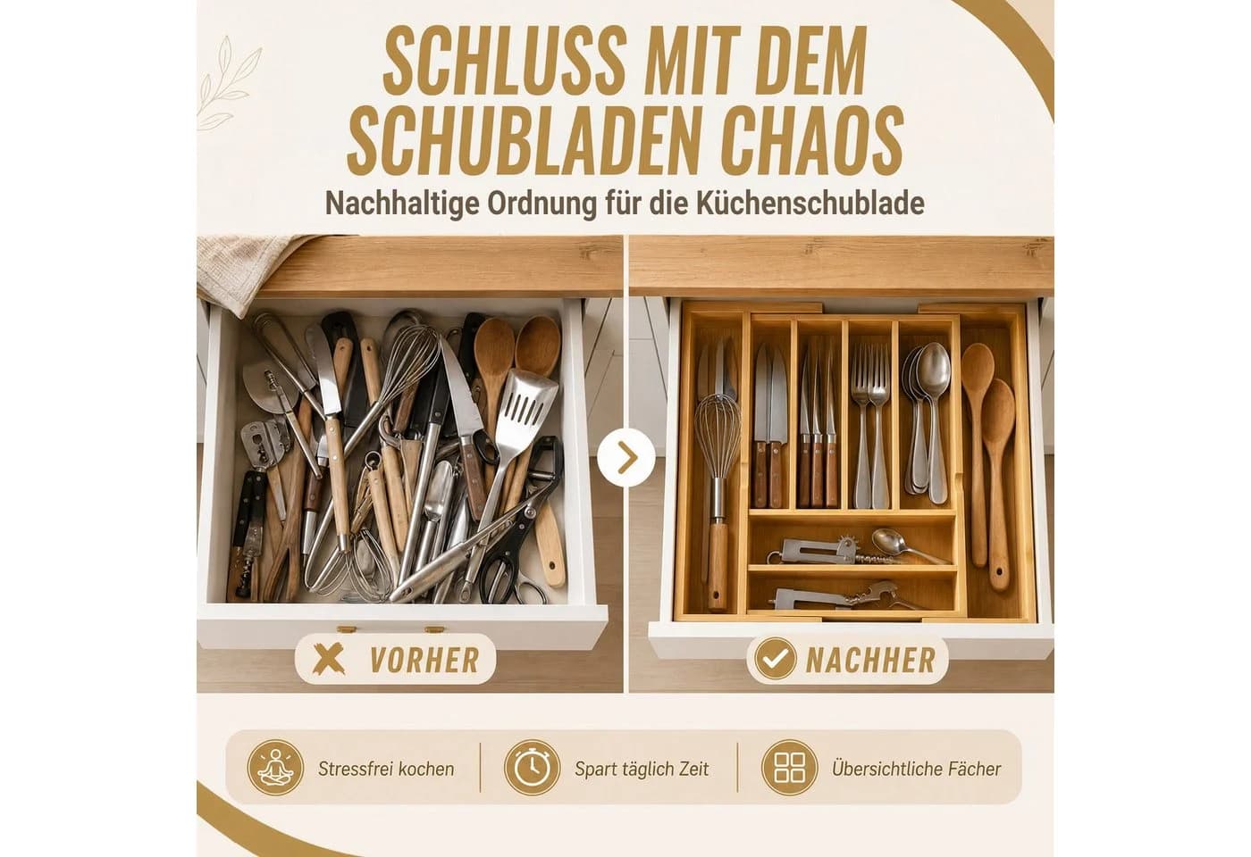 Kibun Ausziehbarer Besteckeinsatz Bambus Schubladen-Organizer - Bild 3