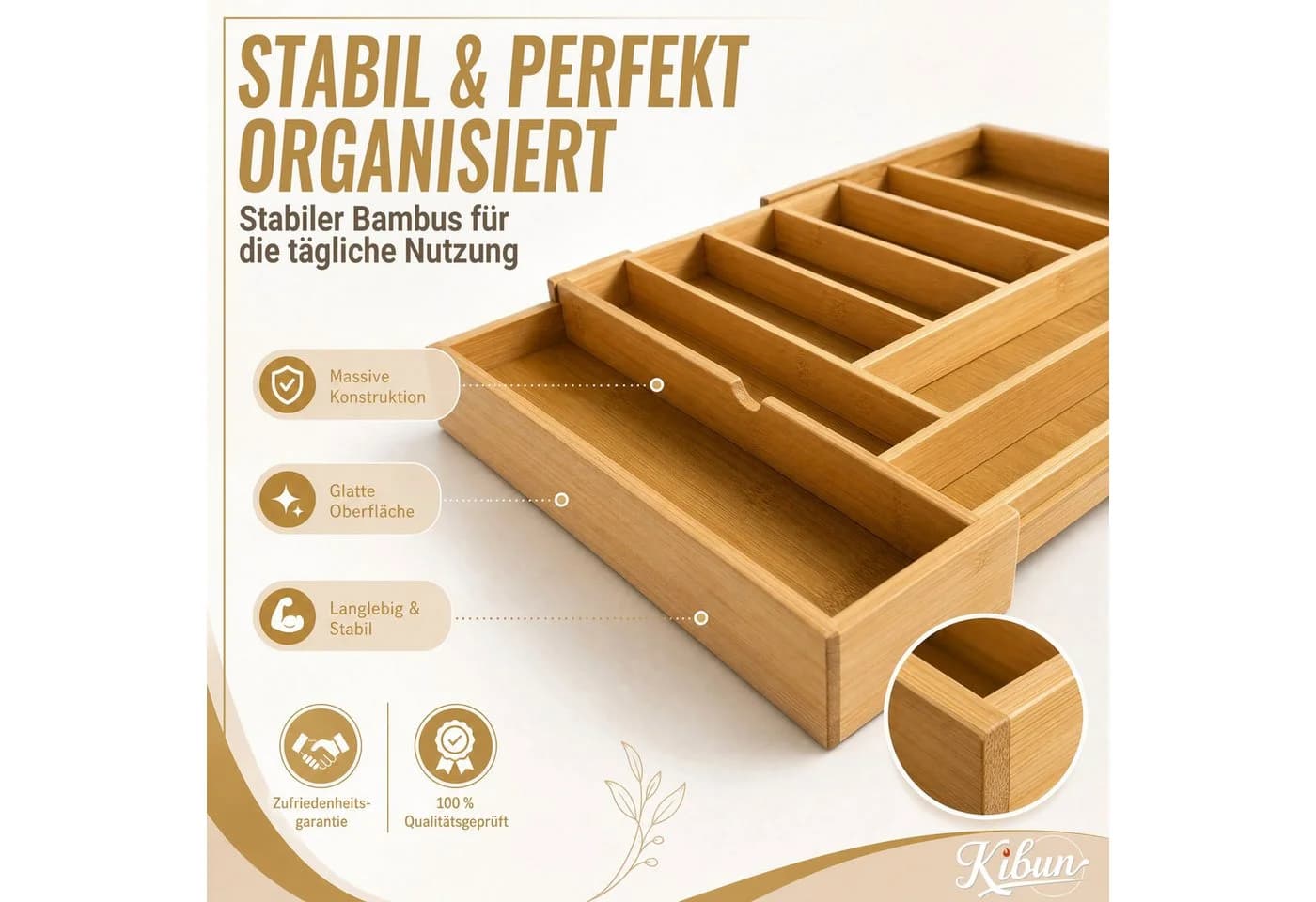 Kibun Ausziehbarer Besteckeinsatz Bambus Schubladen-Organizer - Bild 4