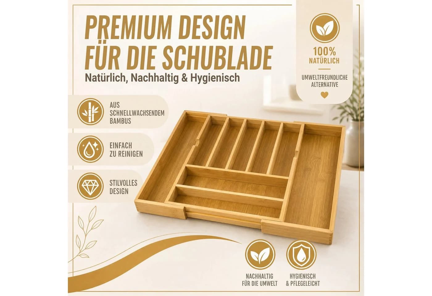 Kibun Ausziehbarer Besteckeinsatz Bambus Schubladen-Organizer - Bild 5