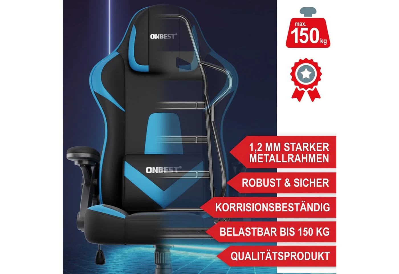 Onbest Gaming-Stuhl Ergonomisch Blau mit Lordosenkissen