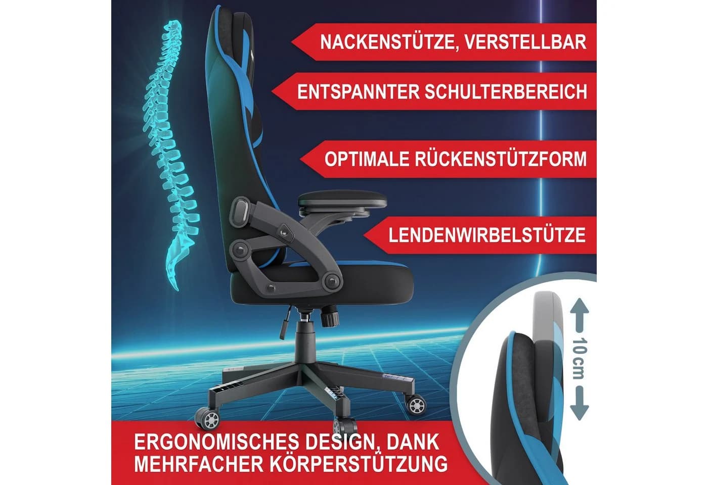 Onbest Gaming-Stuhl Ergonomisch Blau mit Lordosenkissen - Bild 3