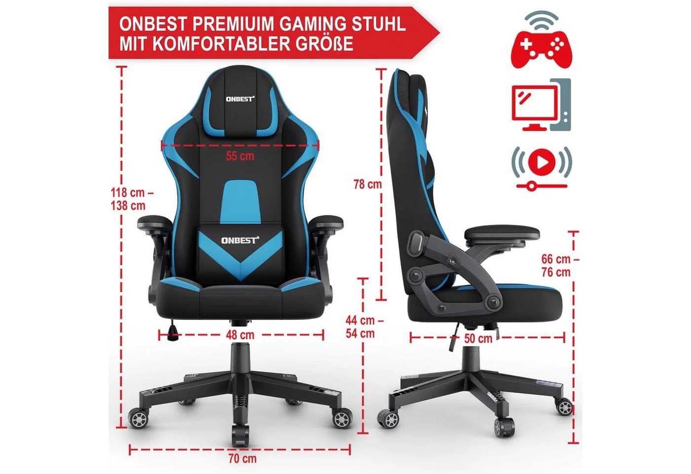 Onbest Gaming-Stuhl Ergonomisch Blau mit Lordosenkissen - Bild 5
