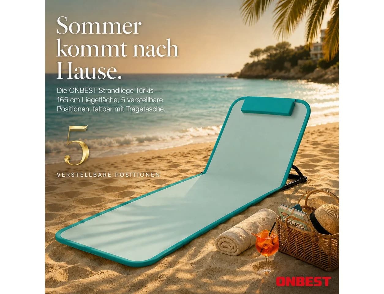 Onbest Campingliege Strandliege Klappbar mit Nackenkissen Tragetasche Stahlgestell Verstellbare Rückenlehne