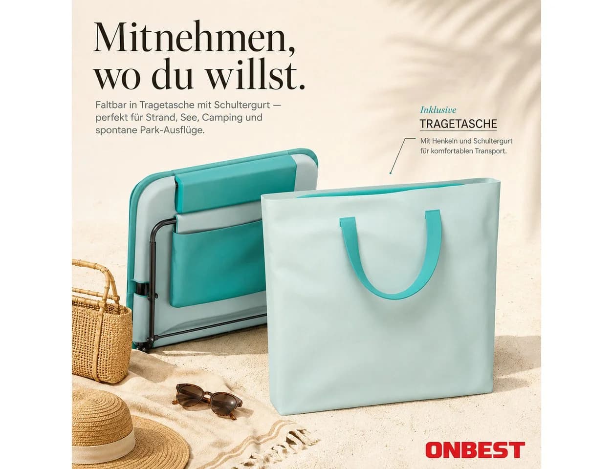 Onbest Campingliege Strandliege Klappbar mit Nackenkissen Tragetasche Stahlgestell Verstellbare Rückenlehne - Bild 5
