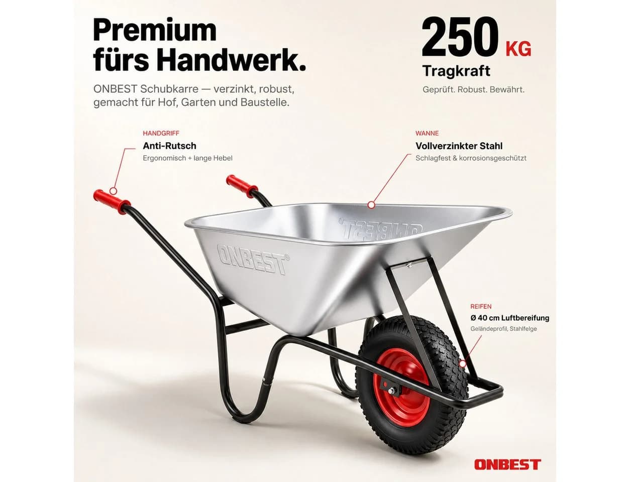 Onbest Schubkarre 250 kg Tragkraft verzinkt mit Gartensack
