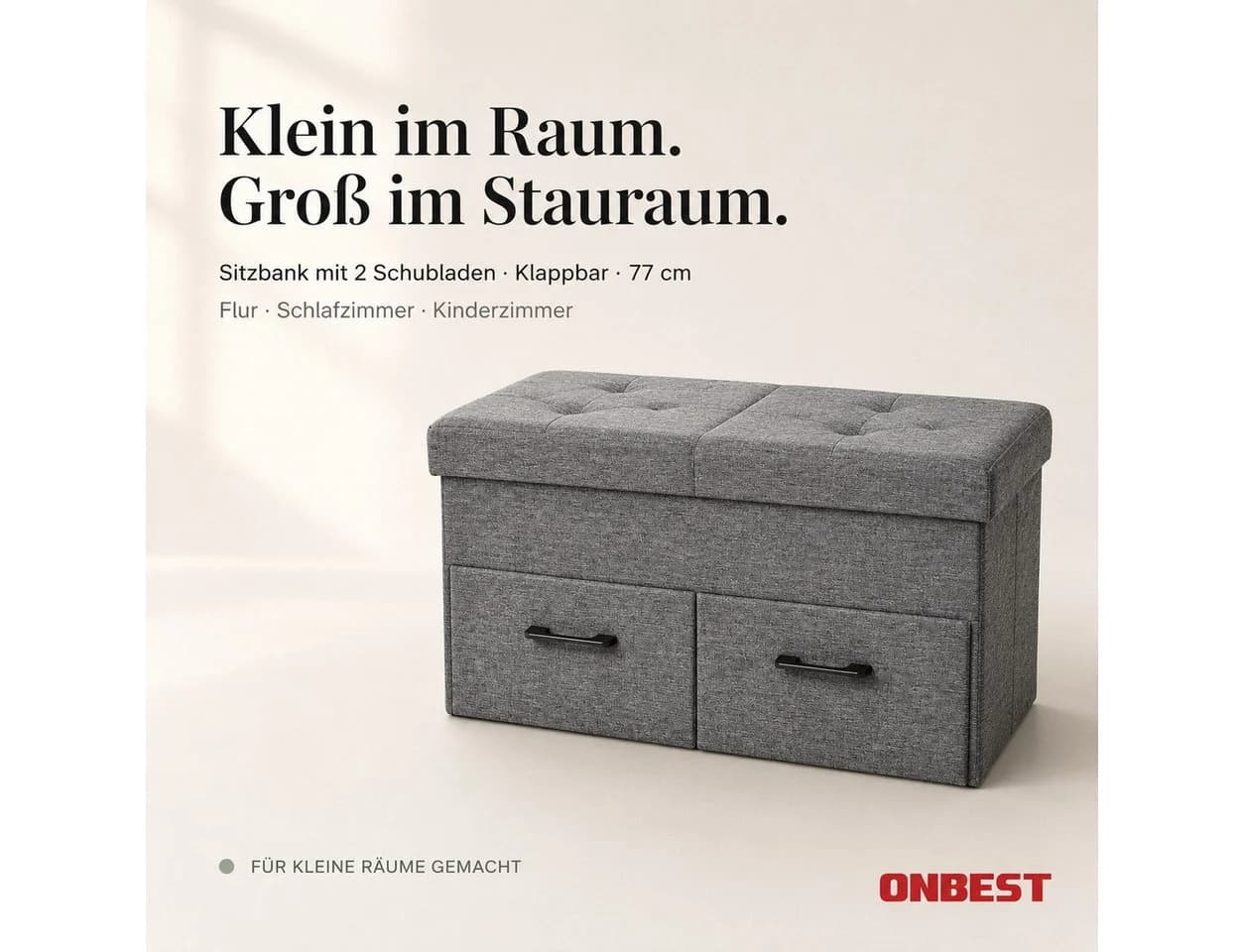 Onbest Sitzbank mit Stauraum gepolstert faltbar Grau Leinenoptik - Bild 3