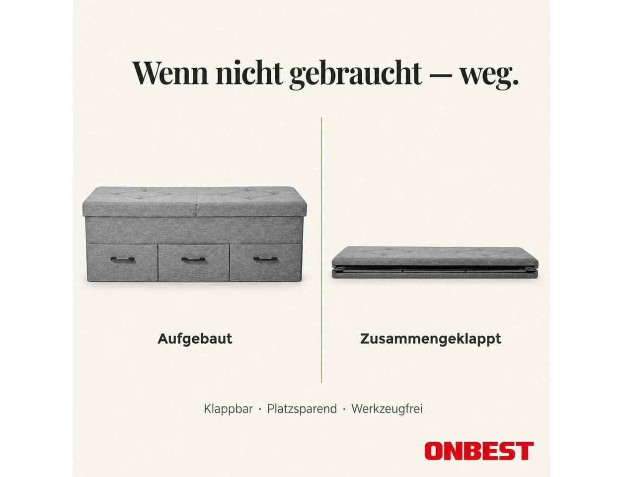 Onbest Sitzbank mit Stauraum gepolstert faltbar Grau Leinenoptik - Bild 4