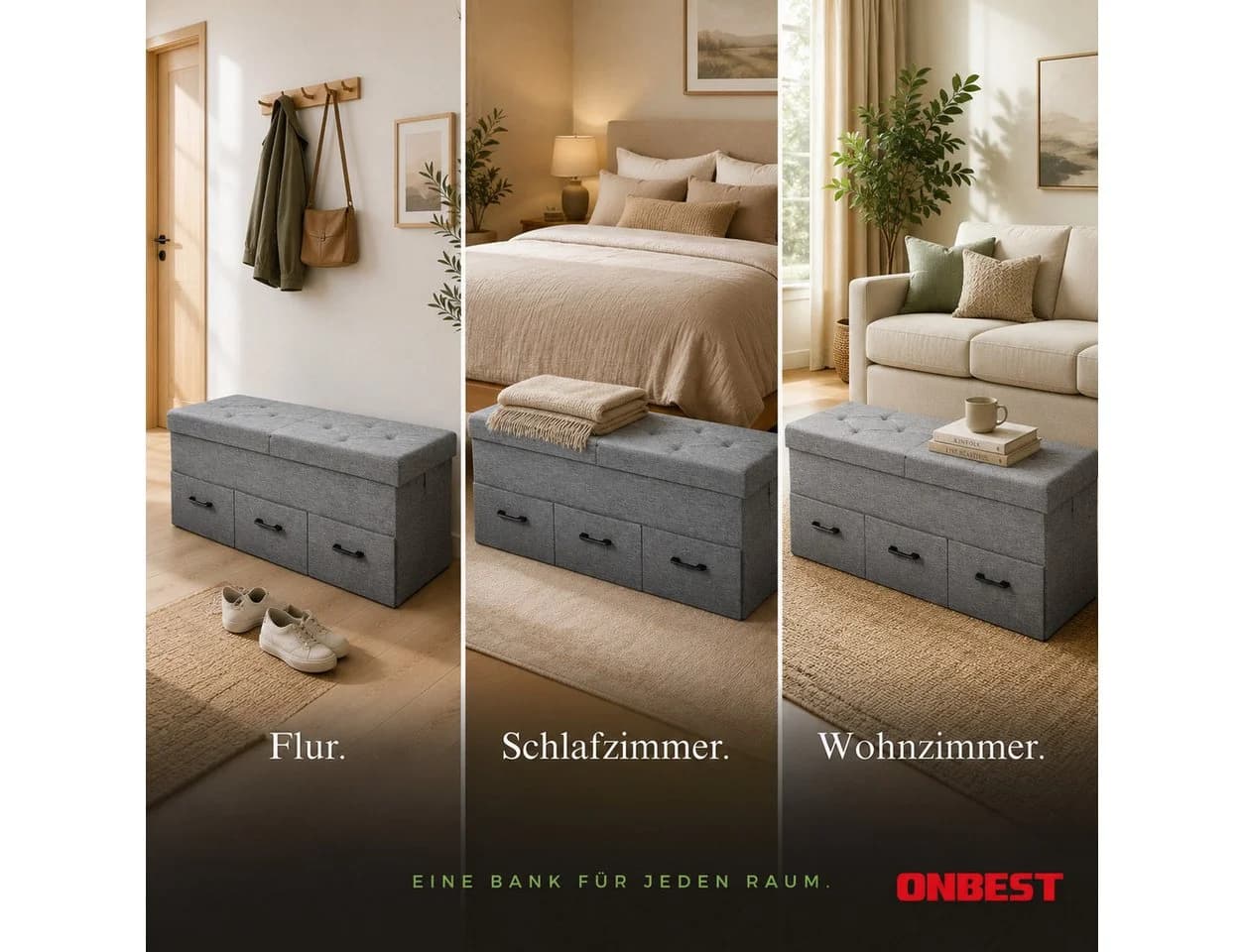 Onbest Sitzbank mit Stauraum gepolstert faltbar Grau Leinenoptik - Bild 5