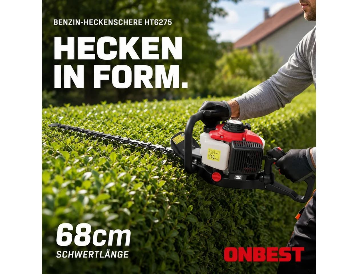 Onbest Benzin-Heckenschere HT6275 68 cm Schwertlänge 0,75 kW 1 PS 26 mm Schnittkapazität 5,5 kg