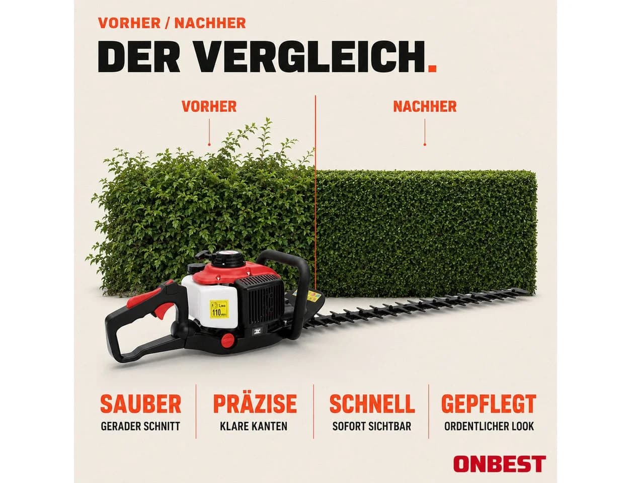 Onbest Benzin-Heckenschere HT6275 68 cm Schwertlänge 0,75 kW 1 PS 26 mm Schnittkapazität 5,5 kg - Bild 3