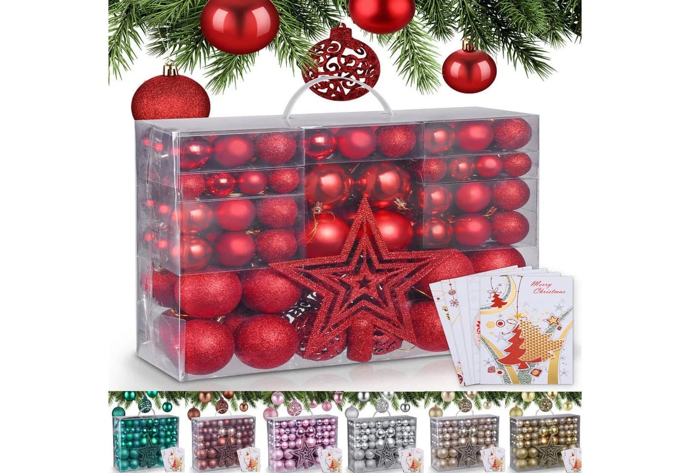 Onbest Weihnachtskugel-Set 128-tlg. Rot Kunststoff mit Aufbewahrungsbox - Bild 2