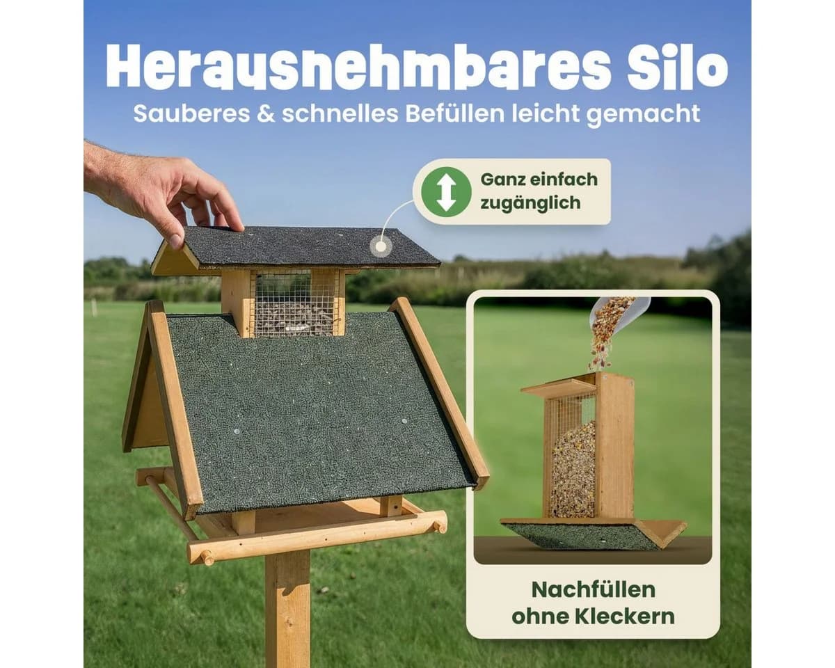 Zooprinz Vogelhaus mit Ständer und Futtersilo aus massivem Kiefernholz - Bild 3