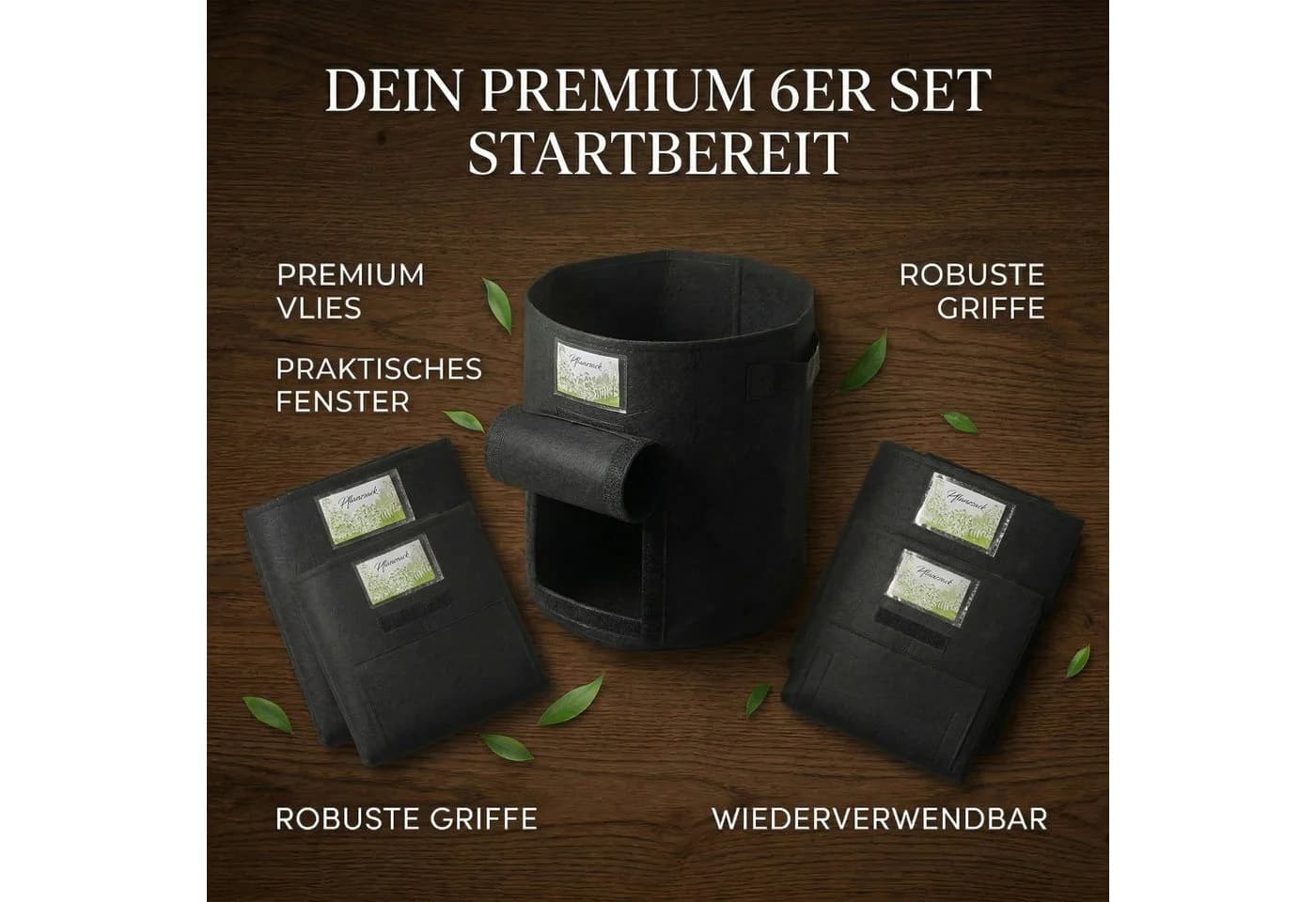 Onbest Pflanzsack Set 30 Liter mit Sichtfenster Schwarz
