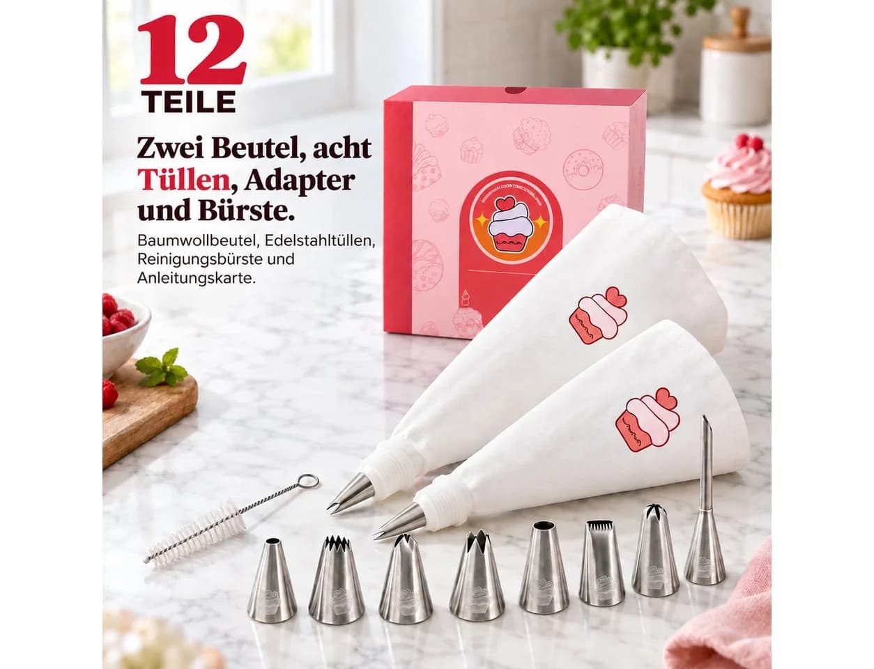 Onbest Spritzbeutel Set 12-tlg. Edelstahl Tüllen & Baumwolle Beutel