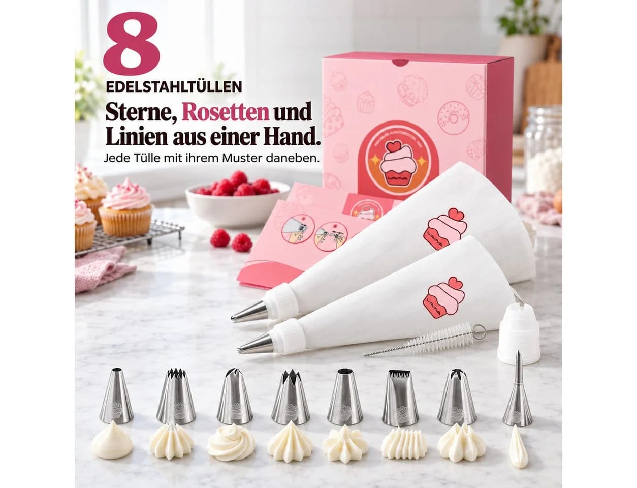 Onbest Spritzbeutel Set 12-tlg. Edelstahl Tüllen & Baumwolle Beutel - Bild 3