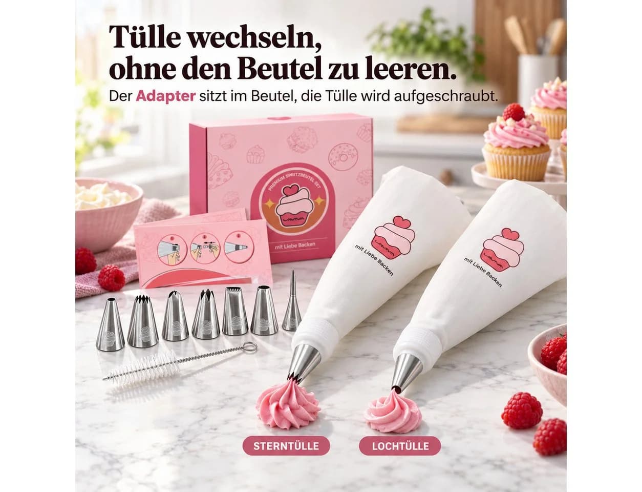 Onbest Spritzbeutel Set 12-tlg. Edelstahl Tüllen & Baumwolle Beutel - Bild 4