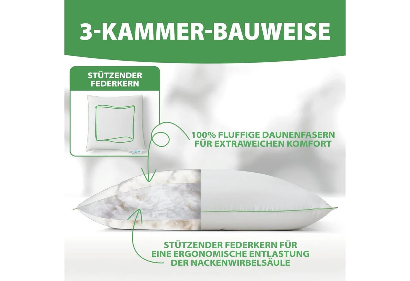 Welldora 3-Kammer-Kopfkissen Premium Mittelfest Daunen Federn