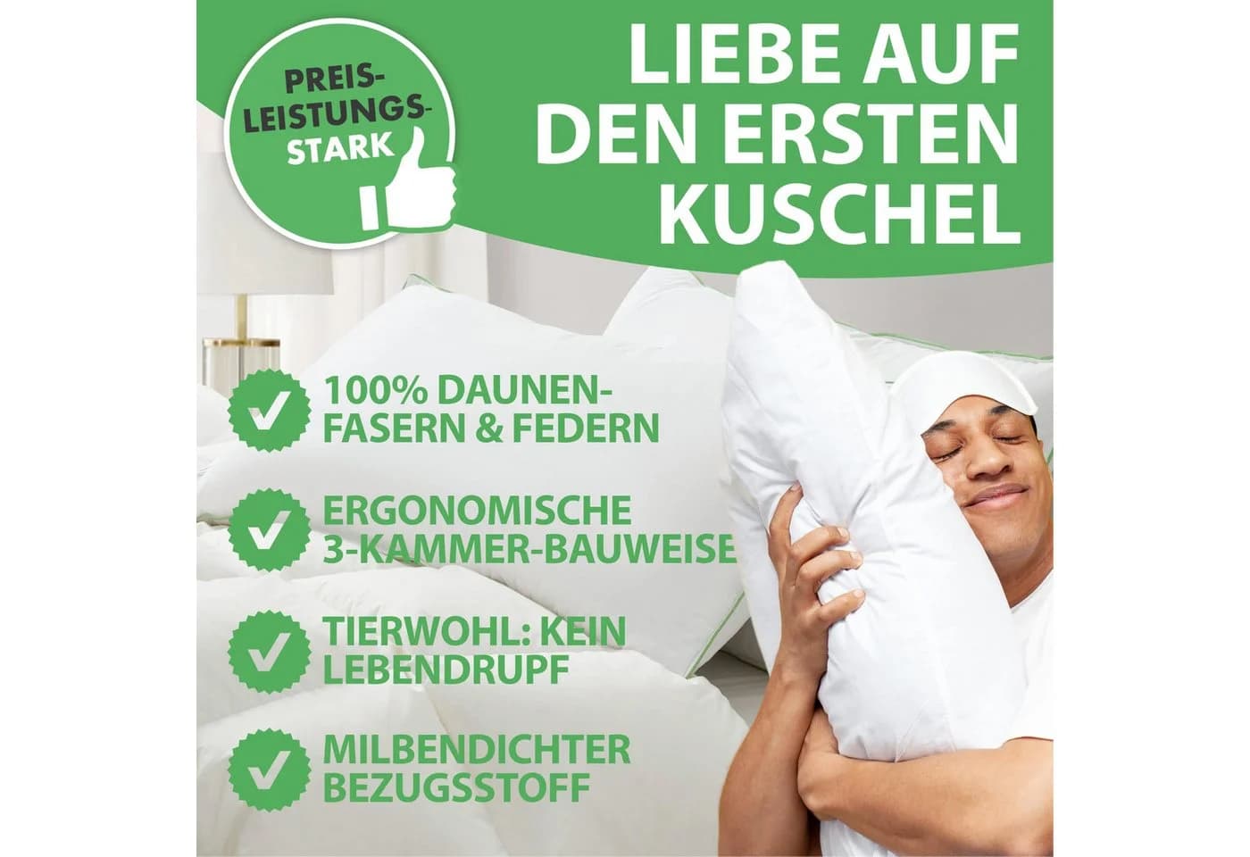 Welldora 3-Kammer-Kopfkissen Premium Mittelfest Daunen Federn - Bild 5