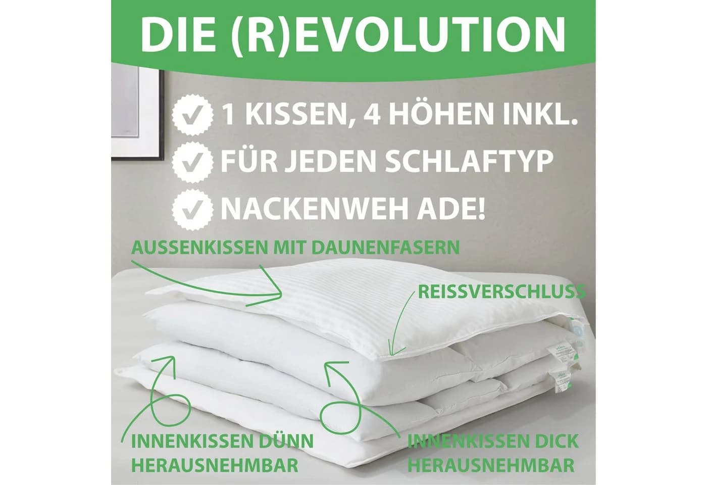 Welldora Höhenverstellbares Kopfkissen Daunenfasern & Federn - Bild 4