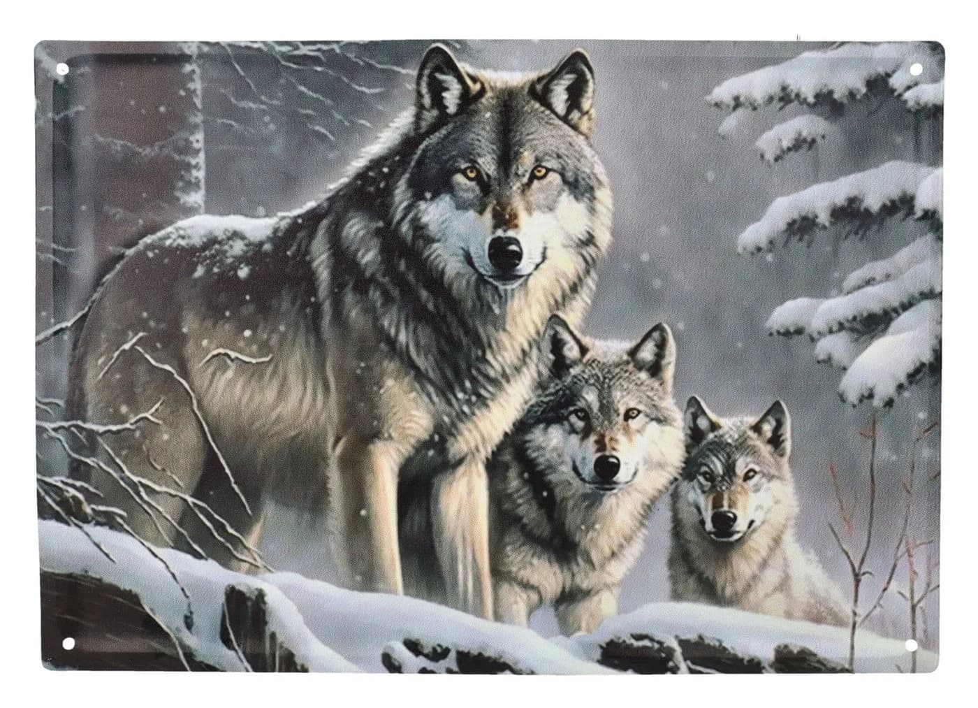 Figuren Shop GmbH Metallschild Blechschild Wolfsrudel im Winterwald Wandschild Wolf Fantasy - Bild 2