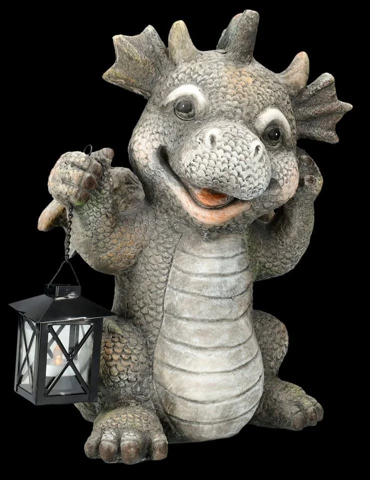 Figuren Shop GmbH Gartenfigur Fröhlicher Drache mit Laterne