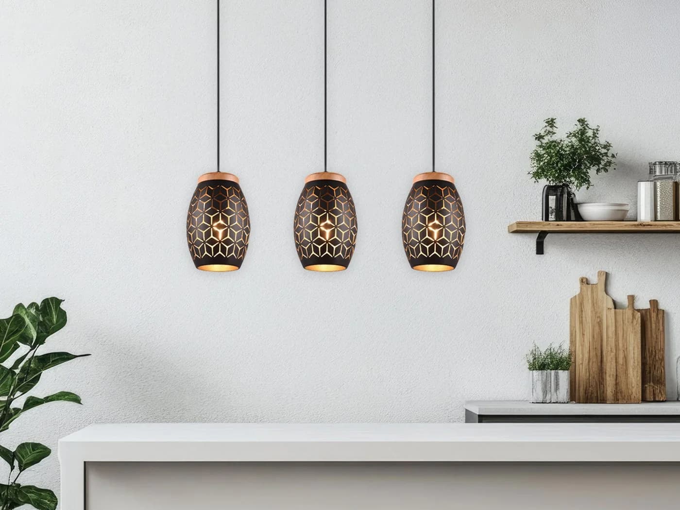 Reality Leuchten LED Pendelleuchte Dimmfunktion Dreiflammig Schwarz/Gold