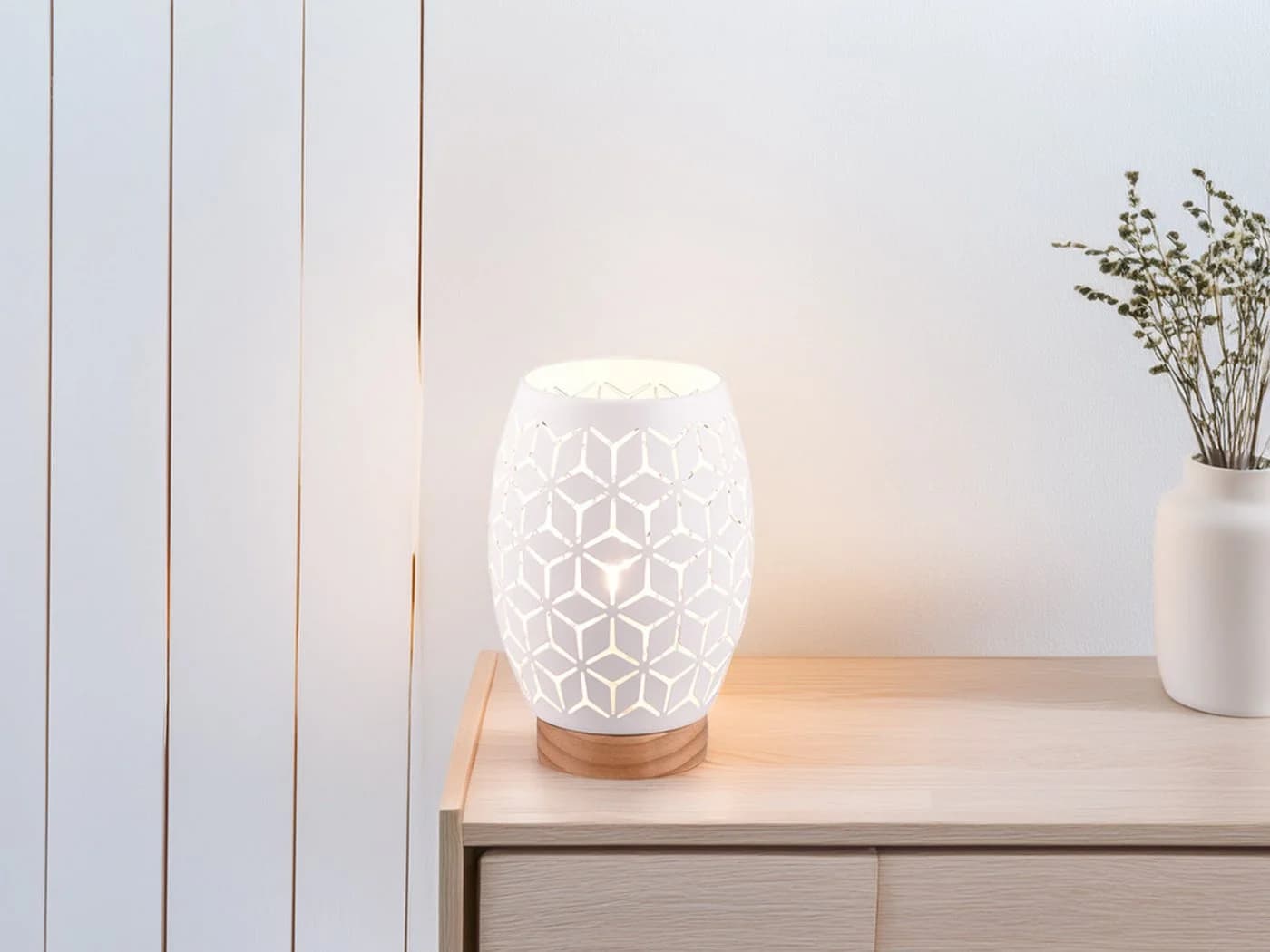 Reality Leuchten LED Nachttischlampe Weiß Dimmbar Holzfuß