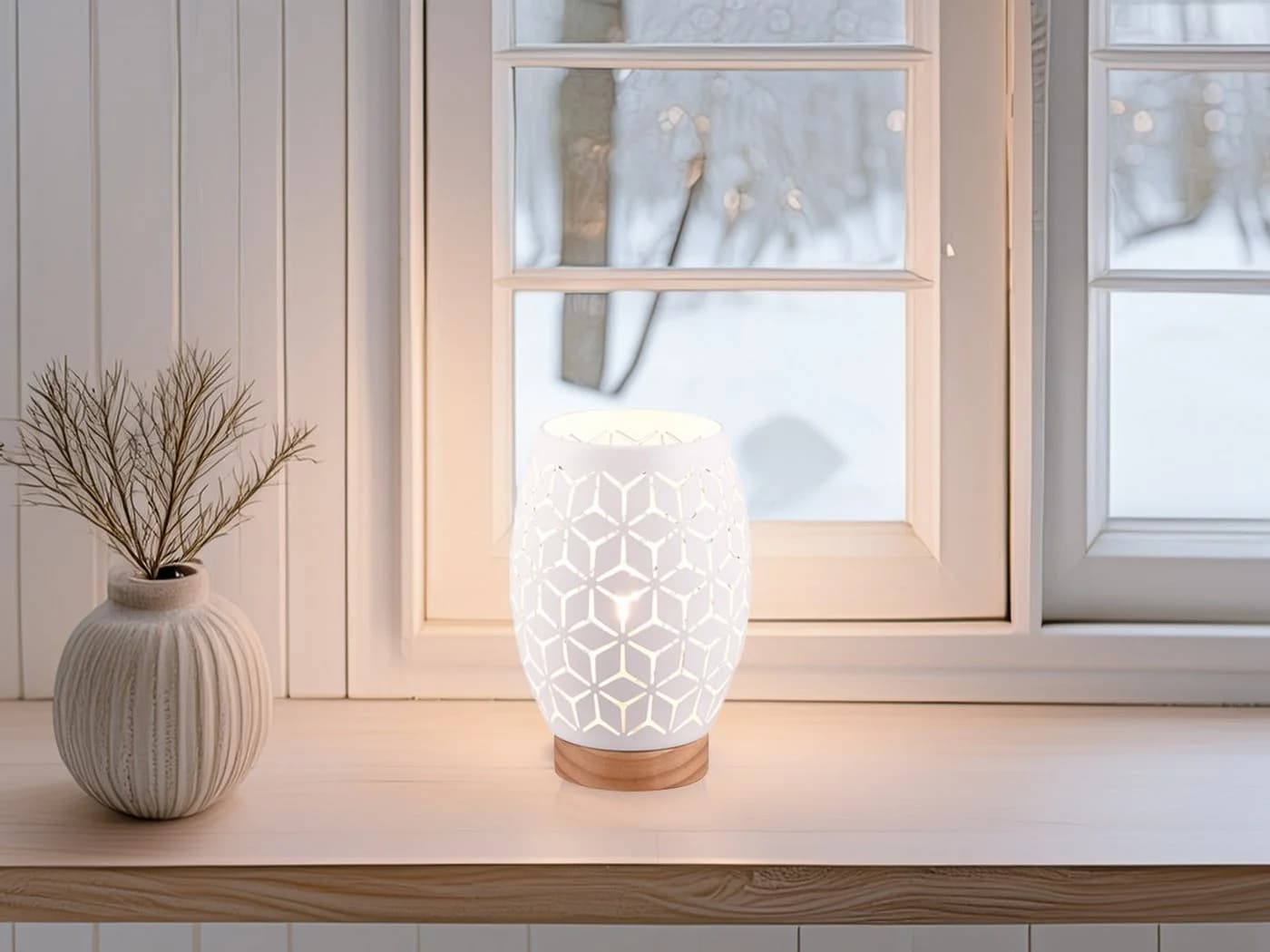 Reality Leuchten LED Nachttischlampe Weiß Dimmbar Holzfuß - Bild 5