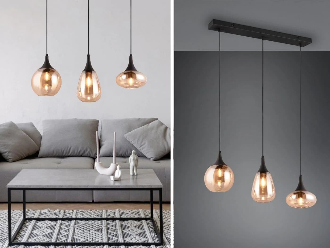 TRIO Leuchten LED Pendelleuchte Schwarz Amber 3x Glas Retro