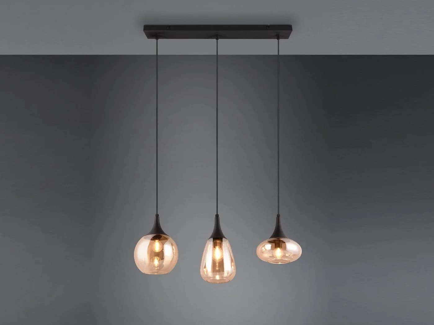 TRIO Leuchten LED Pendelleuchte Schwarz Amber 3x Glas Retro - Bild 3