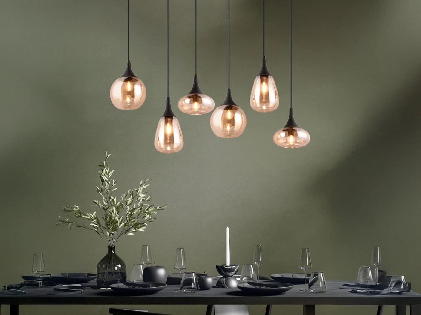 TRIO Leuchten LED Pendelleuchte Retro 6-flammig Schwarz Amber Dimmbar